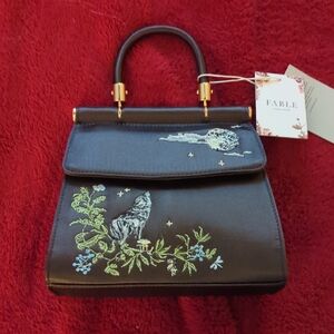 Fable Charcoal Wolf And Moon Embroidered Women's Bag